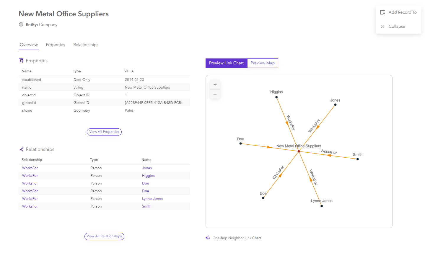 Overview tab of an entity data card