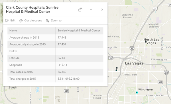 Pop-up with information for Sunrise Hospital & Medical Center